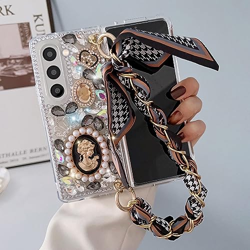 Omio for Galaxy Z Fold 6 Bling Case with Hand Chain Wrist Strap Bracelet Silk Scarf for Girls Women Sparkle Rhinestone Pearl Crystal Glitter Diamond Shockproof Cover for Galaxy Z Fold 6 Black by Omio - Used condition - US$16.80