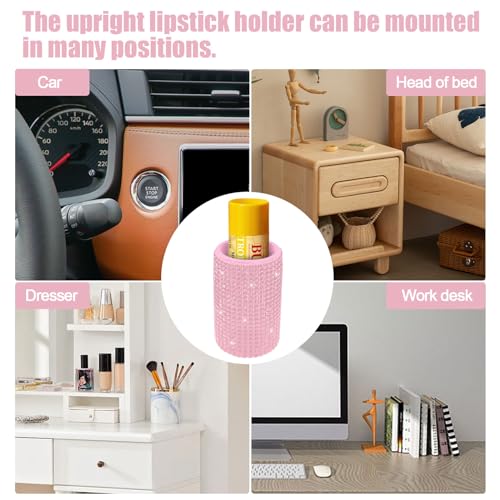 Image of Upright Car Chapstick Holder, Bling Insulating Lip Balm Holder,Rhinestone Car Accessories for Women Interior ,Suitable for Most Vehicles. (Pink)