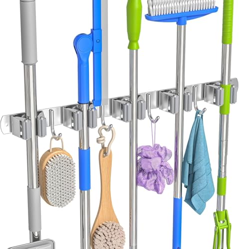 Image of Niwlix 5 Slot & 4 Hook Stainless Steel Mop and Broom Holder Wall Mount, Anti Slip Heavy Duty Waterproof Broom Hanger Stand Organizer Tool for Kitchen Home Garden Bathroom Garage