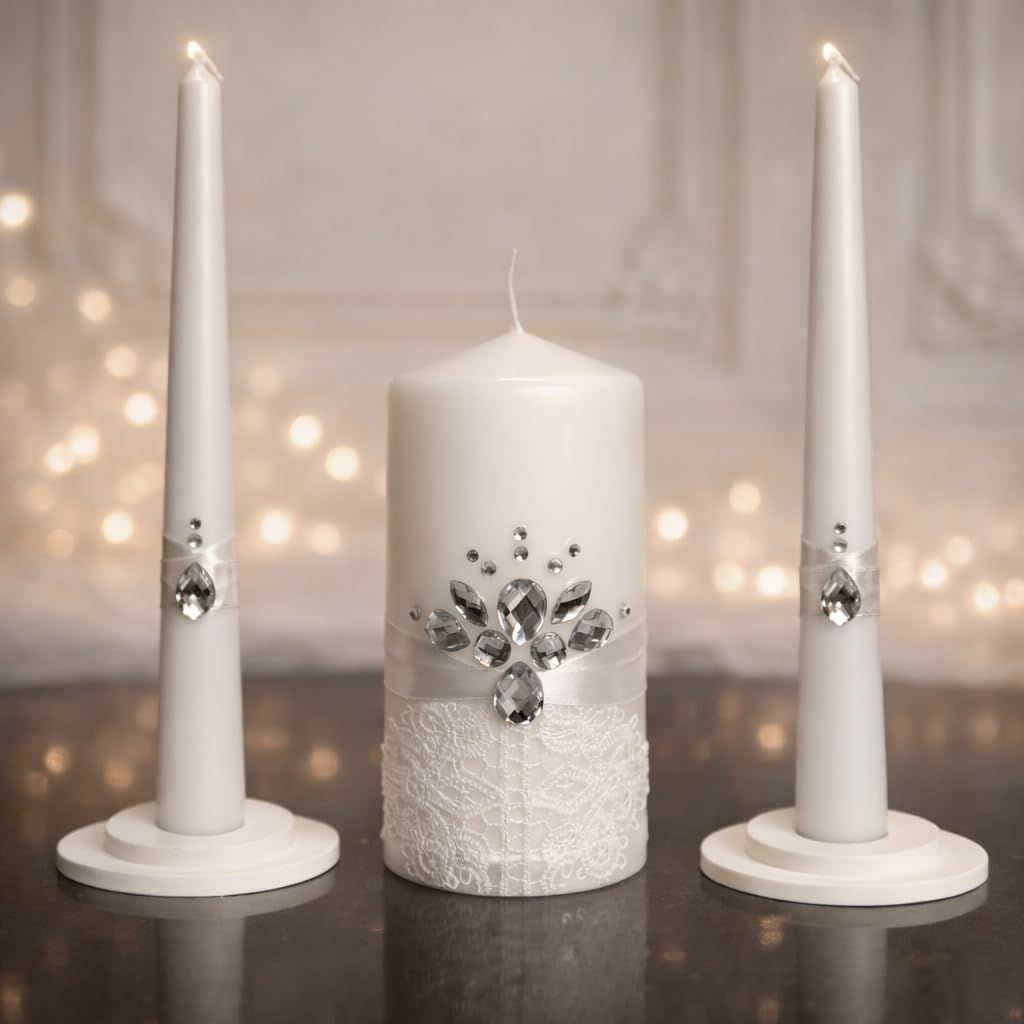Unity Candle Set - Wedding Ceremony & Reception – 6” Pillar & Two 10” Taper Candles – Long Burning Unity Candles for Marriage Ritual – Handmade in USA – White|Cristal|Lace