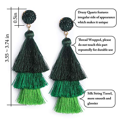 image for Me&Hz Deep Green Layered Tassel Drop Earrings for Women Dangling State