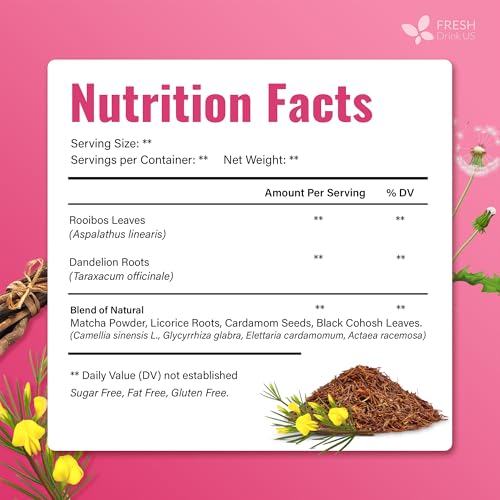 Image of FreshDrinkUS, MenopauseSlim 40 Tea Bags - Herbal Blend with Rooibos, Dandelion Root, Matcha, Licorice, Cardamom & Black Cohosh - Smooth, Earthy Flavor - Premium Quality, Naturally Caffeine-Free Tea
