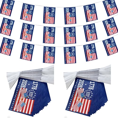 TSMD 250th Anniversary USA Flag Banner 250 Years Birthday Patriotic Flag Bunting 1776-2026 Independence Day Small Mini String Flags Decorations 60 Feet 40 Flags