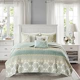 Madison Park 100% Cotton Quilt Set Floral Print, Double Sided Stitching, All Season, Lightweight Coverlet Shabby Chic Bedding Layer, Matching Shams, Full/Queen(90"x90"), Green Yellow 6 Piece