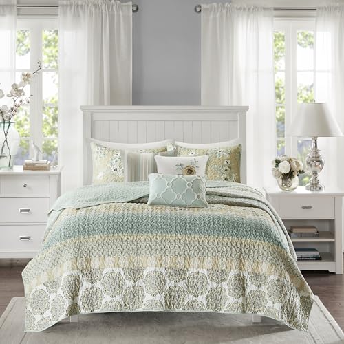 Madison Park 100% Cotton Quilt Set Floral Print, Double Sided Stitching, All Season,...