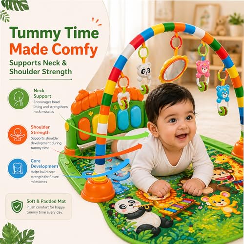 Image of Lifelong Jungle Piano Playgym | Musical Mat with Lights, Hanging Toys & Mirror | Soft Tummy Time & Crawling Play Mat | Motor & Fine Skills Development | Kick & Play Piano Fitness Rack (0-24 Months)