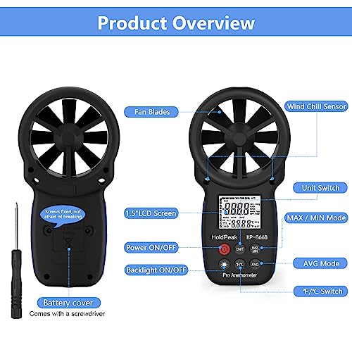 HoldPeak 866B Handheld Anemometer with Tripod, Digital Wind Speed Gauge Meter, Air Flow Velocity Temperature CFM Measuring Device for HVAC Outdoor Sailing Shooting Golf by H HOLDPEAK - Used condition - Image 9