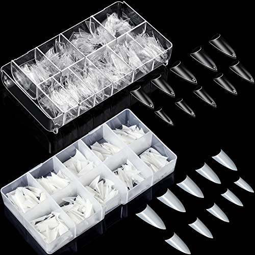 1000 Pieces Clear/Natural Acrylic Nail Tips Artificial False Nails French Nail Tips with Box for Nail Salons and DIY Nail Art at Home, 10 Sizes (Short Pointed Nails)