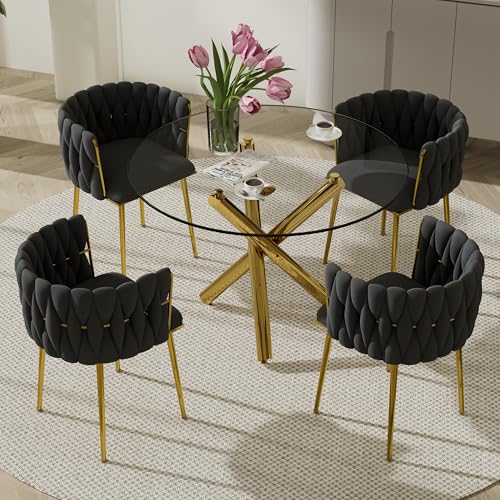 Small-Clear-Round-Glass-Top-Dining-Set-for-4-5-Pcs-Modern-Gold-Circle-Dinner-Room-Set-36-Minimalist-Luxury-Circular-Kitchen-Table-Set-Black-Woven-Chair-for-Breakfast-Nook-Living-Room Small Clear Round Glass Top Dining Set for 4 5 Pcs Modern Gold Circle Dinner Room Set 36 Minimalist Luxury Circular Kitchen Table Set Black Woven Chair for Breakfast Nook Living Room