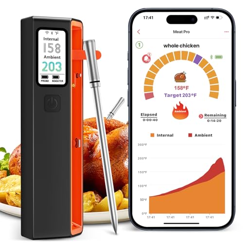 Wireless Meat Thermometer with WiFi - Smart LED Digital Control Base, 6 Sensors Bluetooth Probe with ±0.5°F Instant Read Accuracy, App Controlled, Unlimited Range for BBQ,Smoker,Grill,Oven