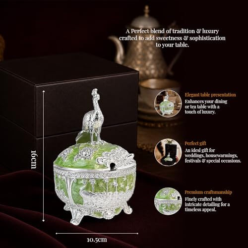 Image of Diviniti Luxury German Silver Peacock Decorative Bowl with Spoon & Gift Box | Royal Green Decorative Dry Fruit & Mishri Container | Premium Serving Bowl for Dining, Wedding & Festive Gift (16 cm)