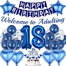 Happy 18th Birthday Decorations Banner - 31 Pcs Blue Letter Balloons Number 18 Balloon Banner Cake Topper Sequined Balloons Flag For Boys 18 Year Old Birthday Party Supplies