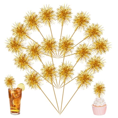 Jmkcoz 100 Pcs Foil Firework Cupcake Toppers Sparkle Tinsel Cake Toppers Drink Cake Decoration Cocktail Fruit Toothpick for Birthday Wedding Graduation Christmas Party Supplies (100, Gold)