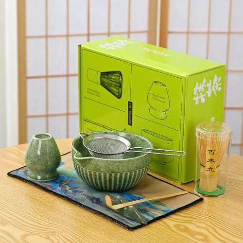 7pcs Matcha Whisk Set for the Perfect Tea Ceremony - Matcha Bowl with Spout, Whisk, and Scoop Matcha Whisk