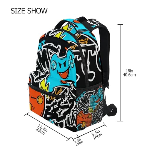 Colorful Joystick Video Game Graffiti Backpack Laptop Tablet Travel School Bag with Name Tag for Boys Girls3