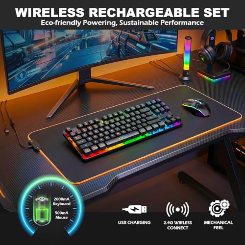 Image of Wireless Gaming Keyboard and Mouse Combo, LED Backlit Rechargeable Battery, Ultra Compact Mechanical Feel Keyboard, RGB Mice for PC Gamer, Business Office, Durable Ergonomic, Wide Compatibility, Black