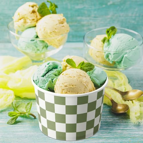 Image of Zopeal 50 Count Sage Green Checkered Ice Cream Cups Disposable Race Car | Dessert Bowls 9 oz, Paper Ice Cream Bowls, Birthday Party Supplies, Snack Cups Sundae Picnic Yogurt Bowls for Food