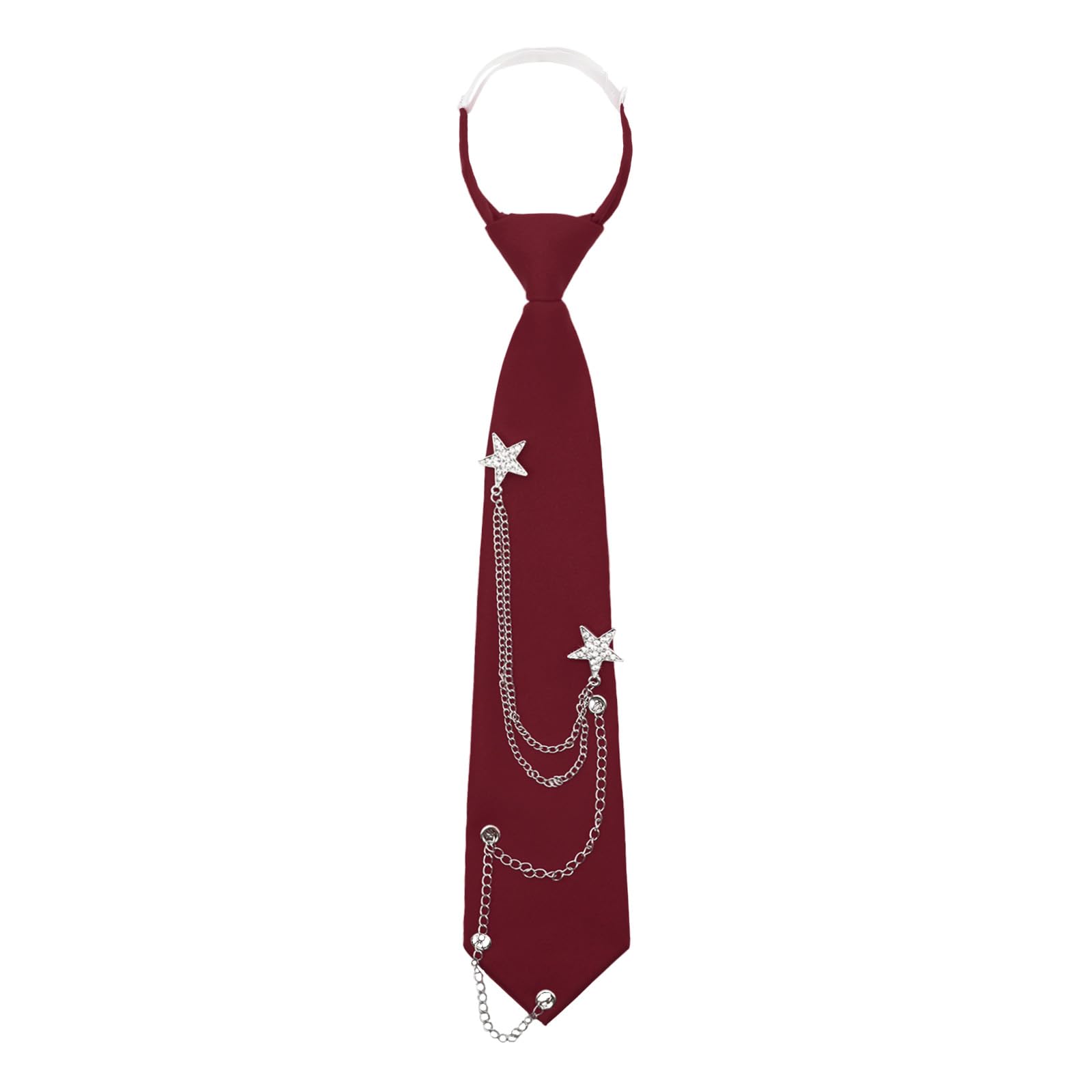 Mantieqingway Ties for Women Men, Metal Chain Necktie Pre-Tied Adjustable Black Tie for Uniform, School, Shirt Accessory (Star Shape-Silver-Wine Red)