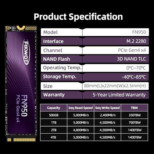 Image of Fikwot FN950 500GB NVMe SSD PCIe Gen4x4 M.2 2280,Read Up to 5000MB /s, Configure SLC Cache, Internal Solid State Drive for PS5 Laptop Desktop