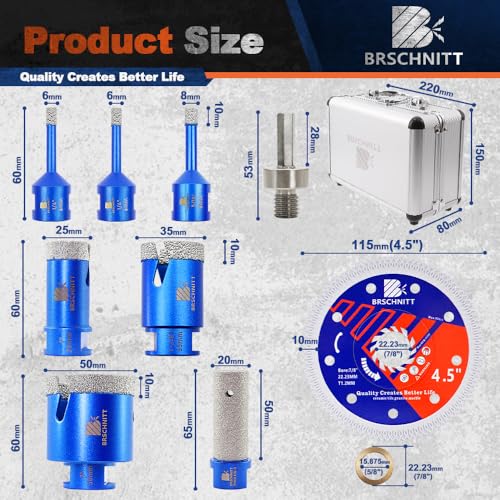 Image of Diamond Core Drill Bit Set - BRSCHNITT Tile Hole Saw Kit 1 /4 * 2 inch 5 /16 inch 1 inch 1-3 /8 inch2 inch & 4 /5 inch Finger Bit & for Porcelain Tile Ceramic Marble Granite Diamond Blade