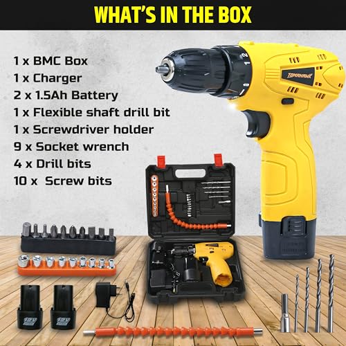 Image of Tomahawk TCD-12K-2B-S 12V Cordless Drill /Screwdriver Kit | 10mm Keyless Chuck, 1-Speed 600 RPM, 2 x 1.5Ah Batteries | LED Light, 24Nm Torque, 18+1 Settings | DIY, Home, Wood & Metal Drilling Kit