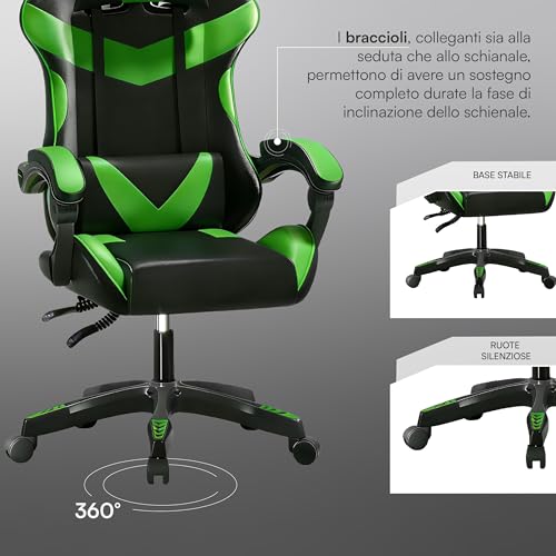 Baroni Home Sedia Gaming Con Schienale Ergonomico Inclinabile E Altezza Regolabile, Sedia Ufficio Con Supporto Lombare, Poggiatesta Imbottito, 50X62X110-120 Cm, Nera E Verde - 5