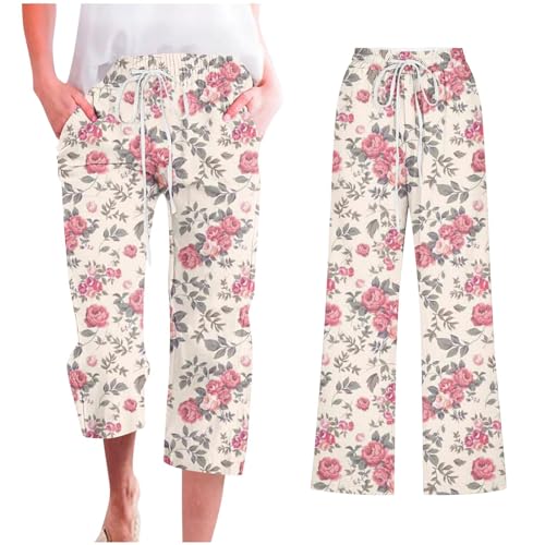 Womens Boho Floral Print Pants Casual Loose Fit Drawstring High Waist Capris Straight Leg Beach Cropped Trousers2