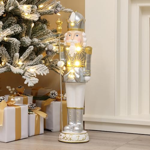 LuxenHome 24'' Tall Christmas Nutcracker King in White with Lights,2FT Traditional Ornament Nutcracker for Xmas Holiday Decor,Indoor or Outdoor Nutcracker Statue, Christmas Decorations for Xmas Tree