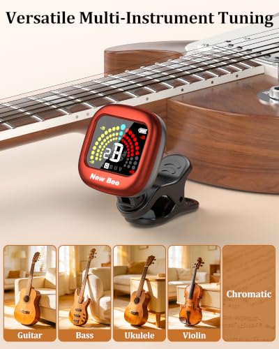 Image of New bee Guitar Tuner Rechargeable, Color Screen Clip On Tuner (Red, 1 Pack)