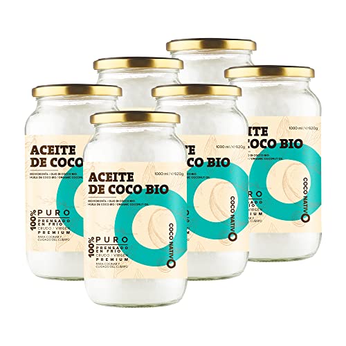 Aceite de Coco CocoNativo Orgánico Virgen Extra Ecologico 6x1000 ml (6 Liter), Extracción En Frío, Fuente De Energía Natural Para Deportistas, Suplemento Alimenticio, Para Cocinar, Para El Pelo