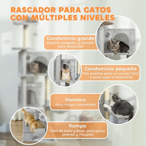 PawHut Árbol Rascador para Gatos, Árbol para Gatos 160 cm, Torre Escalador con Múltiples Plataformas, Cama, 2 Cuevas, Hamaca, Escalera, Postes de Sisal, Bolas para Jugar, Gris Claro - imagen 3