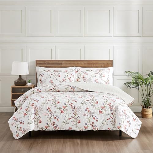 Image of Modern Threads Ariana 2-Piece Floral Stripe Quilt Set, Soft Cotton Lightweight Bedspread with Reversible Design and 1 Pillow Sham, Soft Pink Floral, Twin