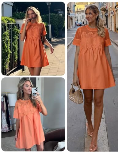 Image of Shiyifa Womens Babydoll Lace Patchwork Dresses Summer Short Sleeve Ruffle Sundress Loose Crew Neck A-Line Dresses