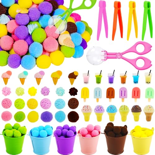 Image of Bbiamsleep 262 Pcs Summer Ice Cream Sensory Bin Filler Fine Motor Skills Summer Ice Cream Sensory Bin Items Counting Sorting 180 Pom Poms Decorations for Summer Sorting Counting Training