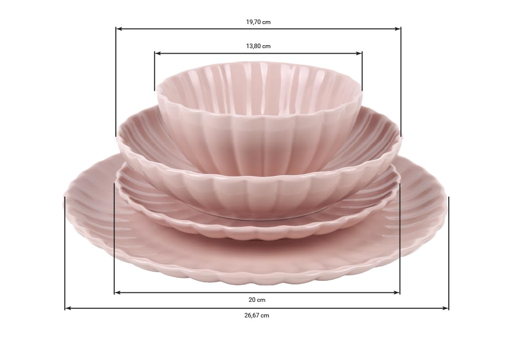 Cofan Naczynia z porcelany emaliowanej w kolorze nude różowym, 16-częściowy, tłoczony, nadaje się do zmywarki, kuchenki mikrofalowej i piekarnika