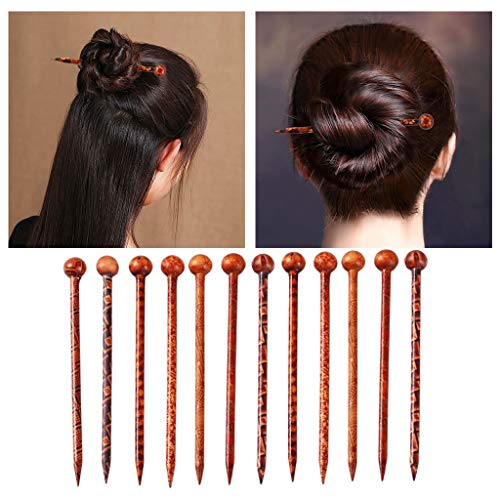 F Fityle 12Pieces Flowers Print Wooden Hair Sticks Natural Sandalwood Hairpin Hair Accessory Hair Chopsticks Japanese for Women Girl - 130mm in Length