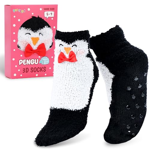 POPCRAZE Fuzzy Animal Socks for Women & Teens Cute Plush Cozy Crew Slipper Socks Novelty Character Foot Warmers One Size (Penguin)