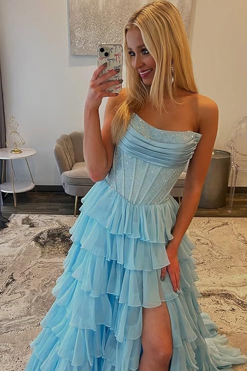 Tiered Strapless Prom Dresses Long 2026 Ruffle Sparkly Corset Formal Evening Gown with Slit - Image 5