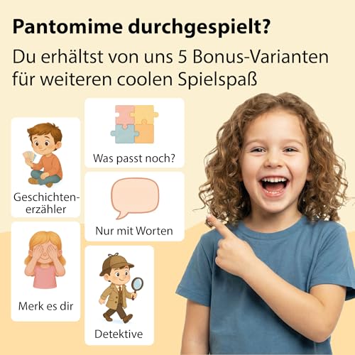 GLÜCKSWOLKE Pantomime Spiel für Kinder - lustiges Familienspiel I Mit 100 Spielkarten I Indoor & Outdoor Spielzeug Kinderspiel I Spiele ab 4, 5, 6, 7, 8, 9 Jahre I Geschenk für Junge & Mädchen