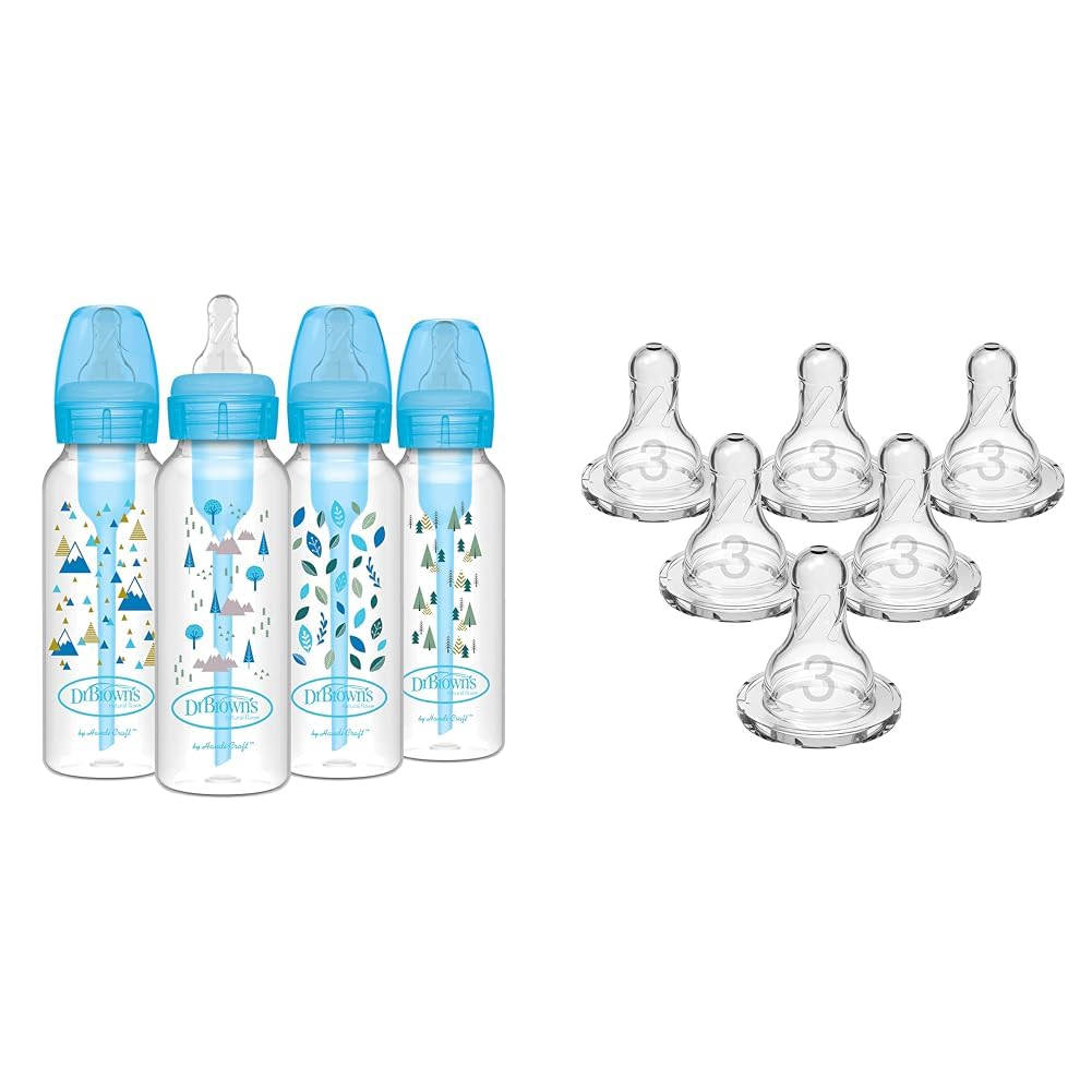 Dr. Brown's Natural Flow Anti-Colic Options+ Narrow Baby Bottles, Nature Designs, 8oz/250mL & Natural Flow Level 3 Narrow Baby Bottle Silicone Nipple, Medium-Fast Flow, 6m+