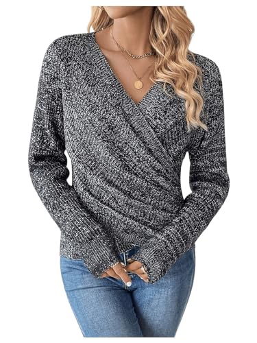 Image of SOLY HUX Women's V Neck Long Sleeve Off Shoulder Sweaters Criss Cross Wrap Ruched Pullover Fall Tops