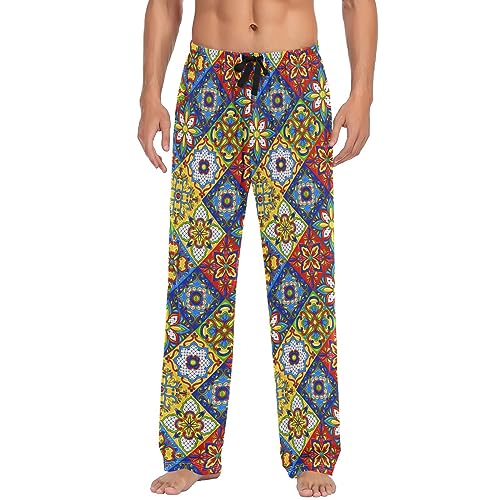 Mexican Mandala Flowers Pajama Pants Talavera Ceramic Tile Lounge Sleepwear PJs Men's Pajama Bottoms Sleep Pants L