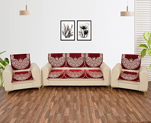 Image of Sky Blue 5 Seater Sofa Cover (3+1+1) with Complete Cover Set - Soft Stretch Fabric, Couch Protector Heavy Fabric Sofa Slip Protector (Maroon)