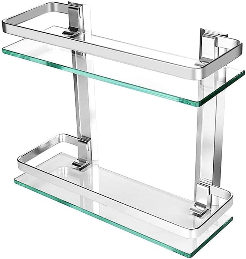 2-Tier Bathroom Shelves, Shower Caddy Bath Basket Storage Shelf, Thick Tempered Glass Aluminum Wall Mounted Bathroom Shelf Rack Kitchen Storage Shelf (2-Tier)