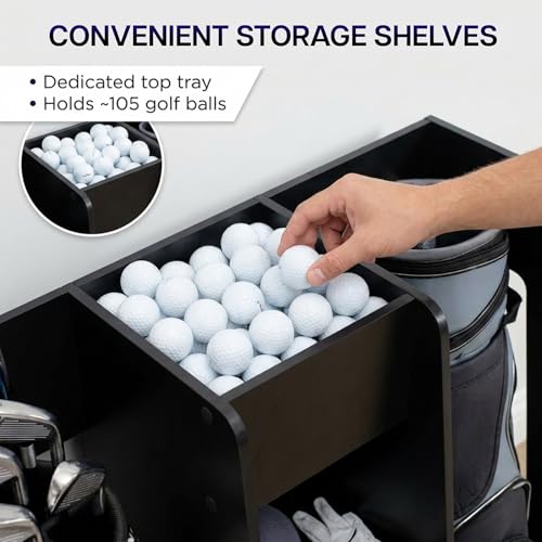 Golf-Bag-Organizer-Storage-Holder-for-Garage-with-2-Side-Compartments-3-Middle-Cubbies-and-More-Black-LF-GBS1