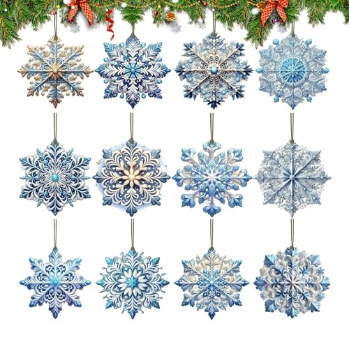 Ofcwoa Copos de nieve para árbol de Navidad, 24 unidades, colgantes azules de doble cara, 24 unidades, decoración para el árbol de Navidad, para aulas, invierno, país de las nieves, cumpleaños
