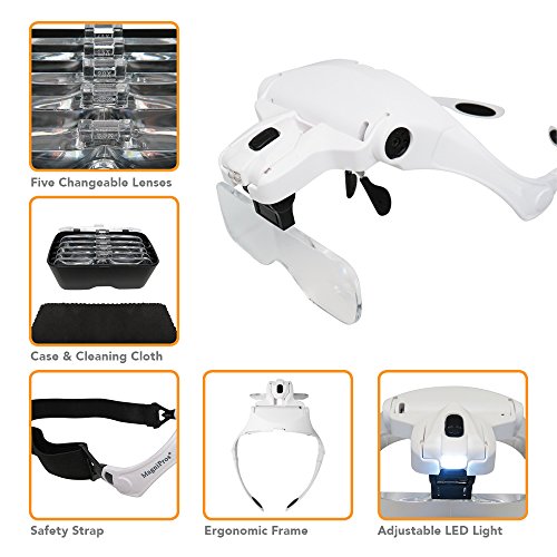 Magnipros Led Illuminated Headband Magnifier Visor | Hands Free Magnifier Loupe | 5 Detachable Lenses 1X, 1.5X, 2X, 2.5X 3.5X - (Upgraded Version) Hands-Free Head Worn Magnifying Glasses With Light #TOP4