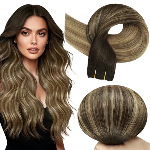 Image of Full Shine Invisible Weft Hair Extensions 16 Inch 105G Brown Honey Blonde | Invisible Weft, Sew In Extensions, Dark Brown To Honey Blonde Mix Ash Brown Balayage, Remy Human Hair, Add Volume