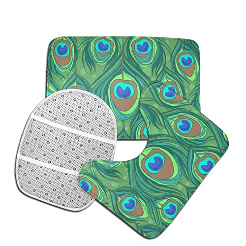 MBNGGAB Badematte + Konturmatte + Toilettendeckelbezug, grüne Pfauenfeder, 3-teiliges Badematten-Set, mit rutschfester Klebeunterseite – Bild 5
