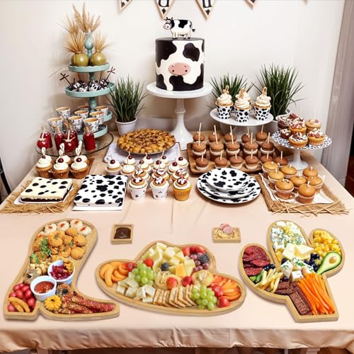 Fayavoo 5 Pcs Charcuterie Boards with Dipping Saucers, Wooden Cowboy Hat Serving Platter Cowgirl Boot Cheese Board Cactus Food Tray, Bamboo Plates for Western Cowboy Cowgirl Birthday Party Decorations - Image 4